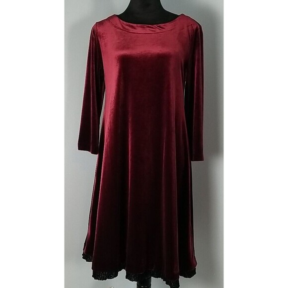 Cynthia Rowley Velvet Shift Dress Medium Maroon Black Trim 3/4 Length Sleeve - Picture 9 of 11